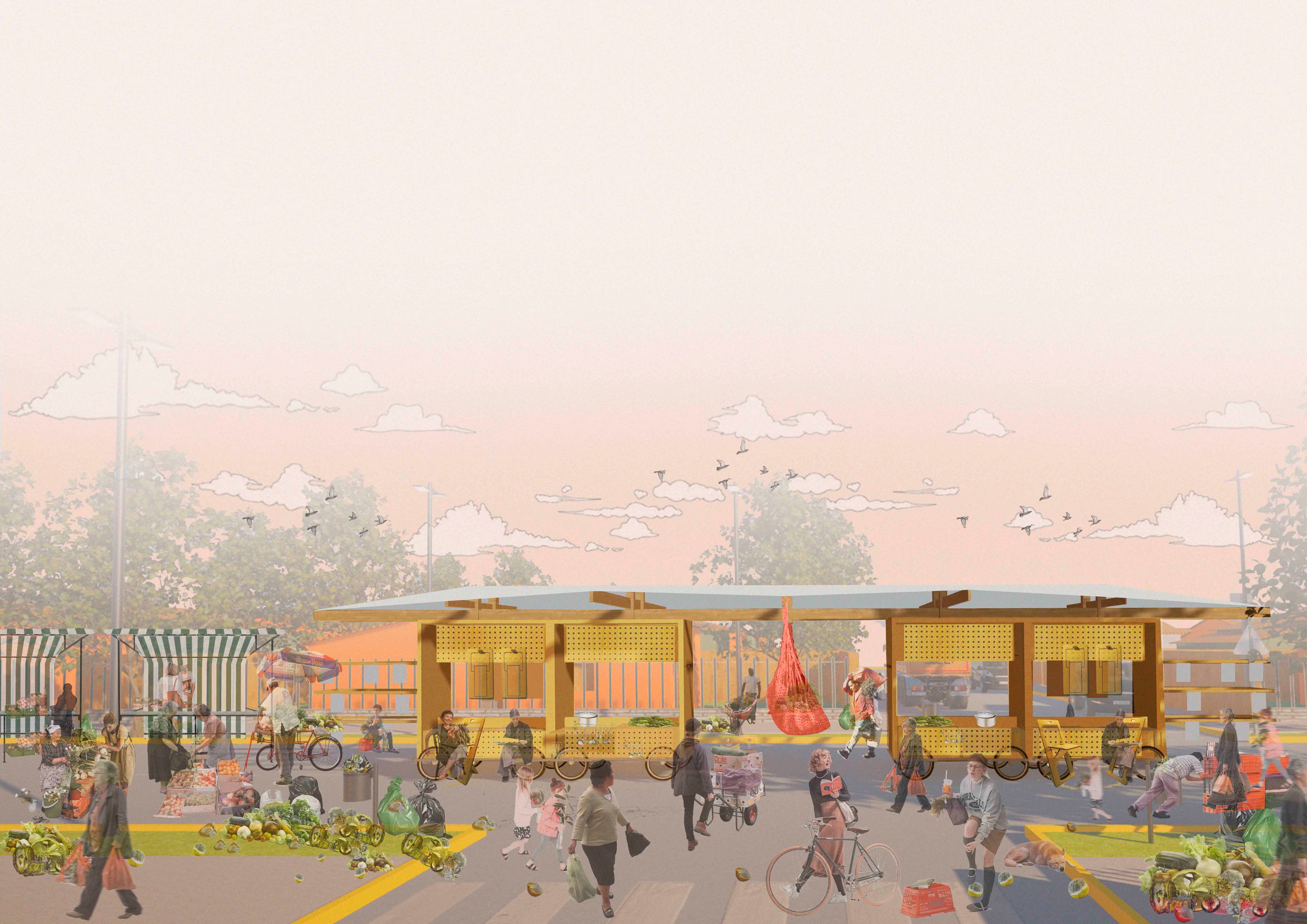 Hoja del Descarte es una propuesta modular en madera diseñada para abordar la gran cantidad de residuos orgánicos producidos en las ferias libres de Santiago. El proyecto transforma estos desechos en papel artesanal mediante un recorrido lineal que guía a los usuarios por cada etapa del proceso: recolección, triturado, colado, prensado y secado. Los módulos, prefabricados en terciado estructural y ensamblados sin herrajes, se montan y desmontan en pocas horas, permitiendo su uso itinerante en distintas ferias. Cada unidad integra su propio mobiliario funcional —mesas de trabajo, espacios de colado y soportes para herramientas— para asegurar que el sistema solo pueda operar como taller de papel. Más que una estructura temporal, Hoja del Descarte busca activar el espacio público, educar a la comunidad y demostrar el potencial de la madera como soporte para procesos circulares y colaborativos.